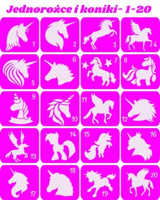 JEDNOROŻCE I KONIKI 1-20- szablony do tatuaży brokatowych