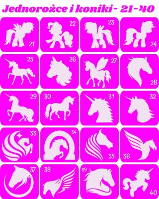 JEDNOROŻCE I KONIKI 21-40 - szablony do tatuaży brokatowych