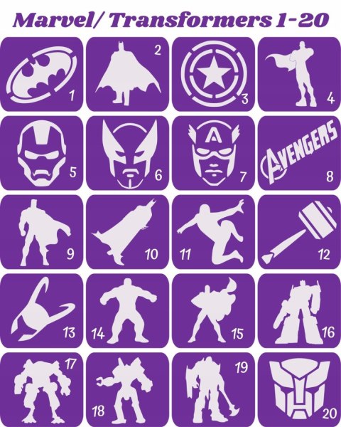MARVEL I TRANSFORMERS 1-20 - szablony do tatuaży brokatowych