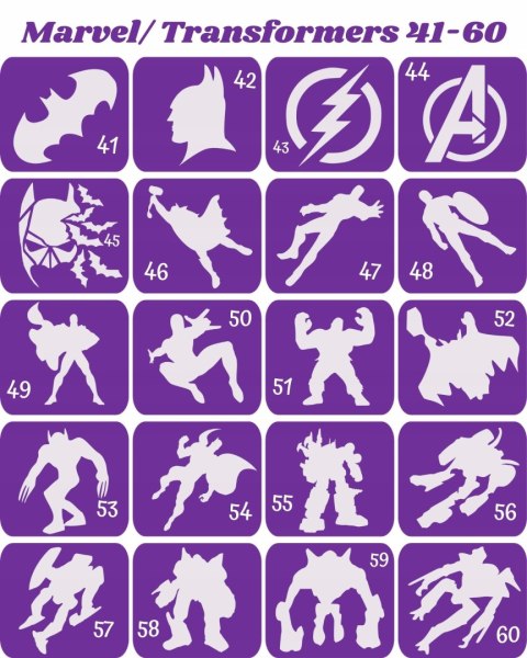 MARVEL I TRANSFORMERS 41-60 - szablony do tatuaży brokatowych